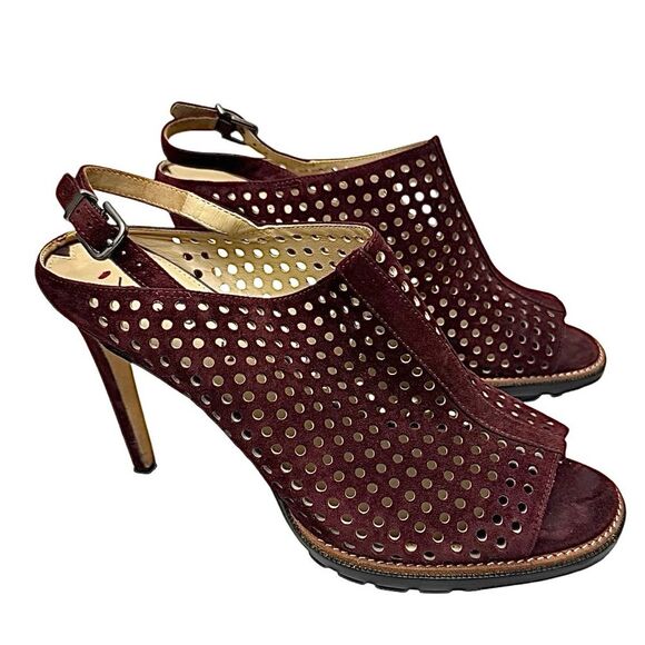 Via Spiga Tasa Burgundy Suede Peep Toe High Heel Shoes Size 10 Medium Pre-Owned - Picture 9 of 11